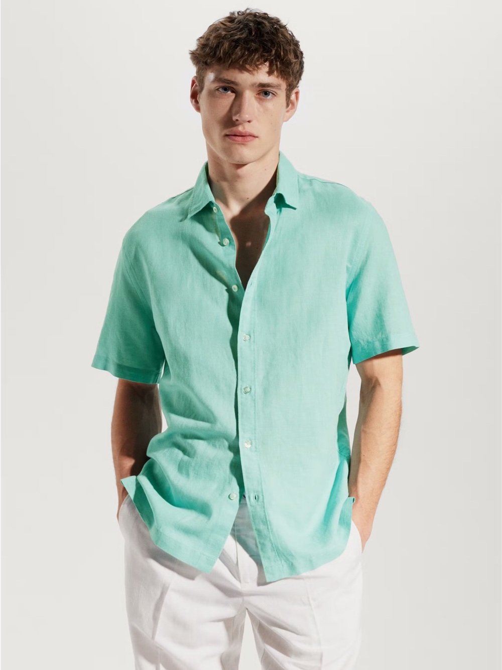 MANGO 100% linen short sleeve shirt (Sea-foam)